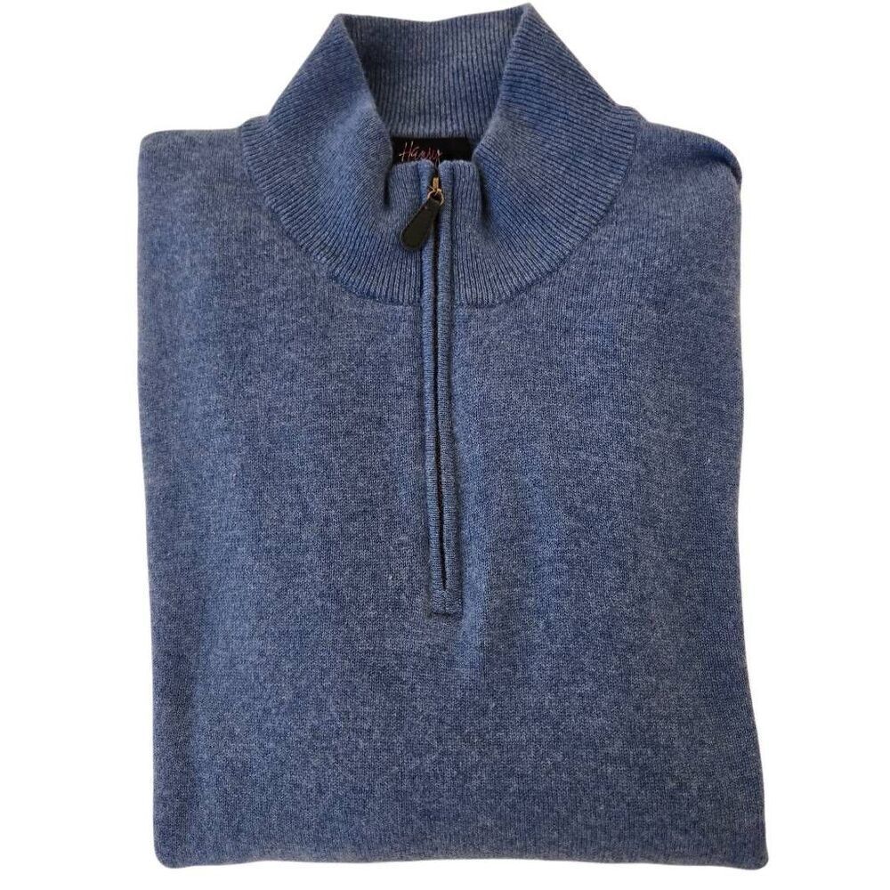 Henry Mens Cashmere Quarter Zip Long Sleeve Pullover Sweater Blue Size Large